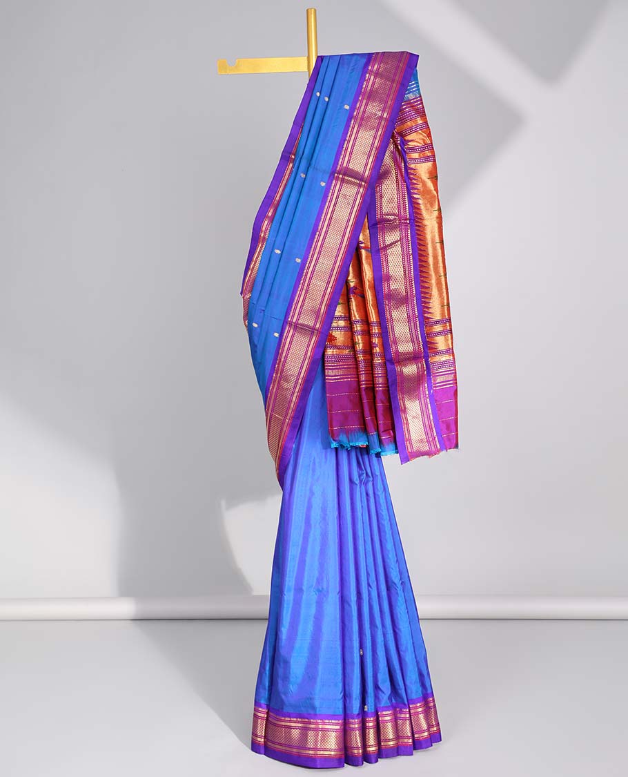Blue motifs paithani silk sare with contrast checked zari border & intricate zari design pallu