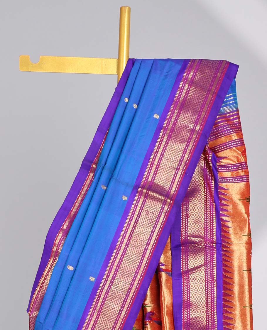 Blue motifs paithani silk sare with contrast checked zari border & intricate zari design pallu