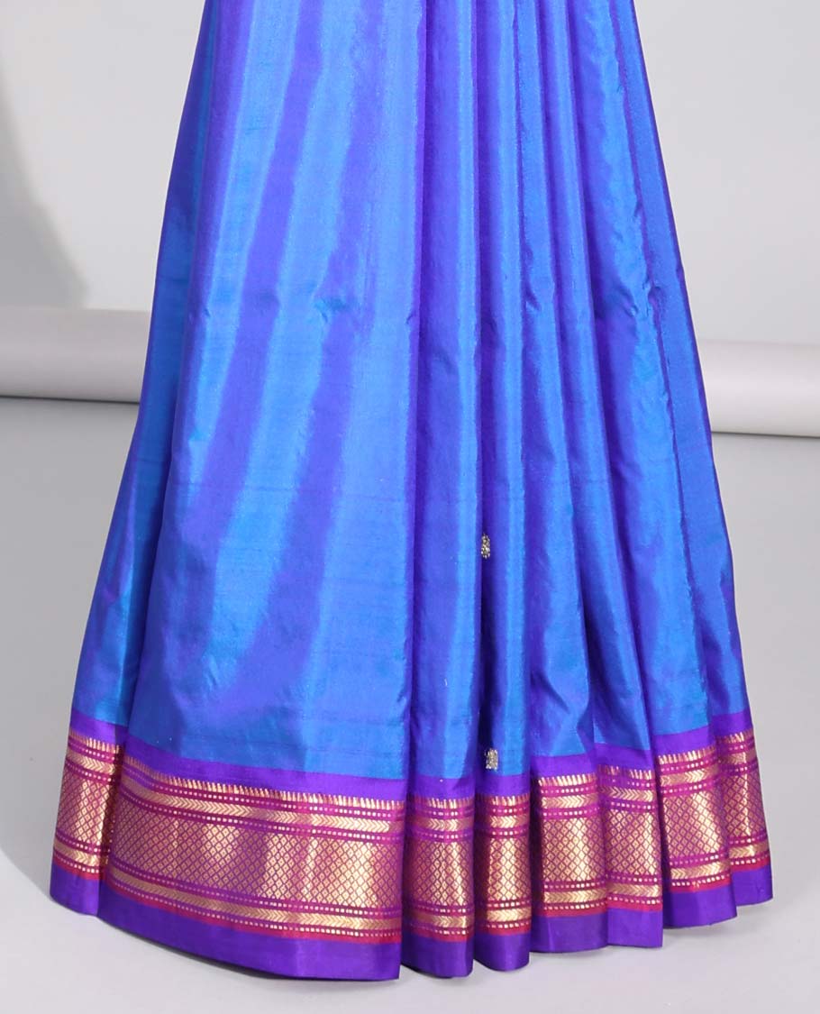 Blue motifs paithani silk sare with contrast checked zari border & intricate zari design pallu