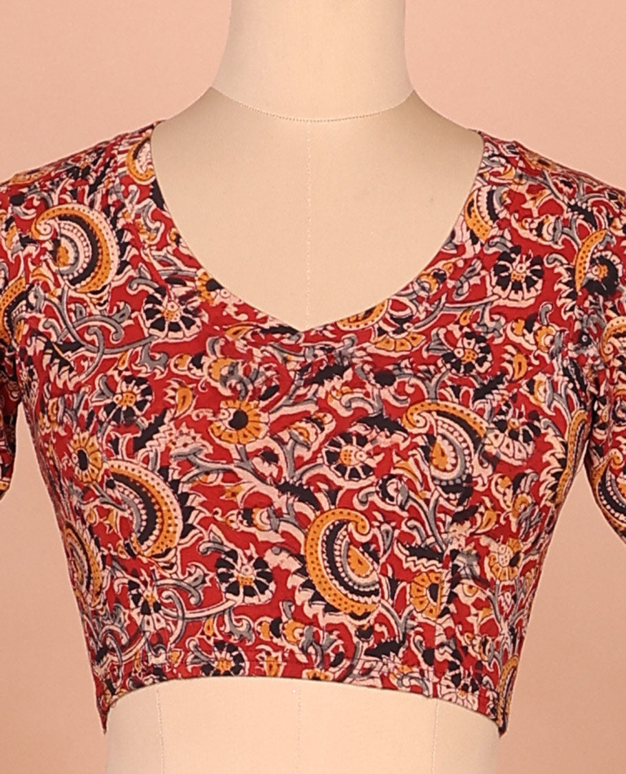 Red kalamkari floral vine printed leaf-neck elbow sleeve cotton readymade blouse