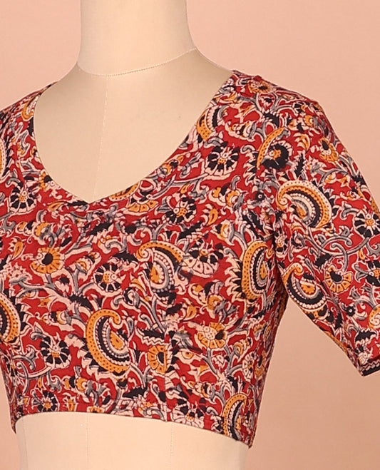 Red kalamkari floral vine printed leaf-neck elbow sleeve cotton readymade blouse