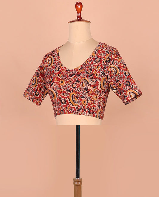 Red kalamkari floral vine printed leaf-neck elbow sleeve cotton readymade blouse