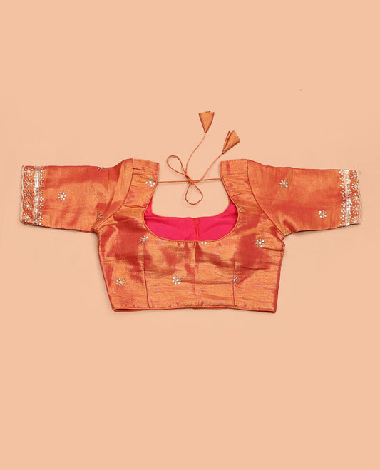 Orange floral thread embroidered round neck elbow sleeve blouse