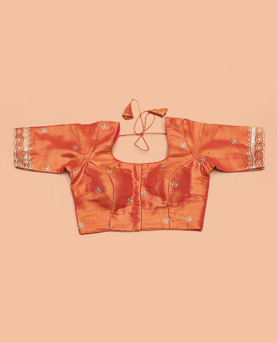 Orange floral thread embroidered round neck elbow sleeve blouse