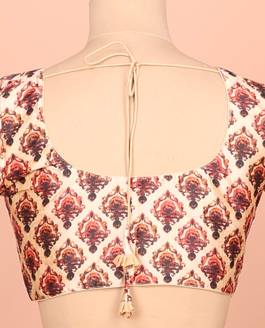 Sandal-Base Readymade Blouse Featuring Intricate Motifs Digital Print, a Front Round-Neck, Back Round-Neck, and Elbow Sleeves