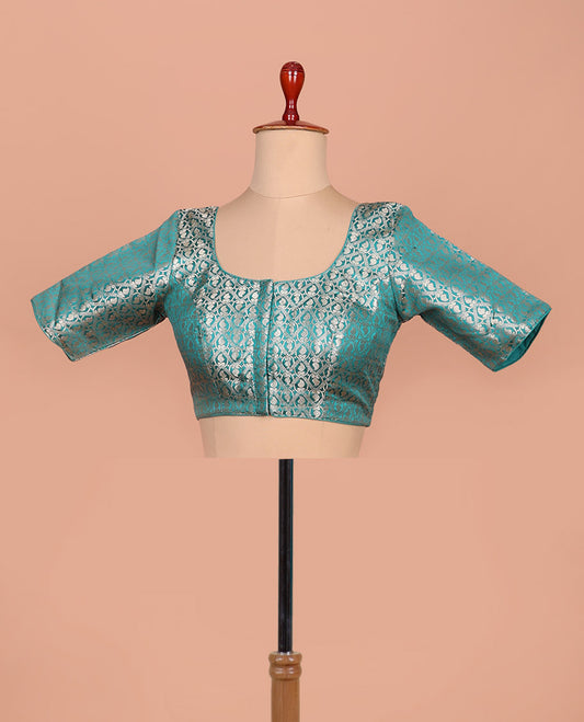Peacock blue paisleys-theme jacquard front-back round neck elbow-sleeve readymade blouse