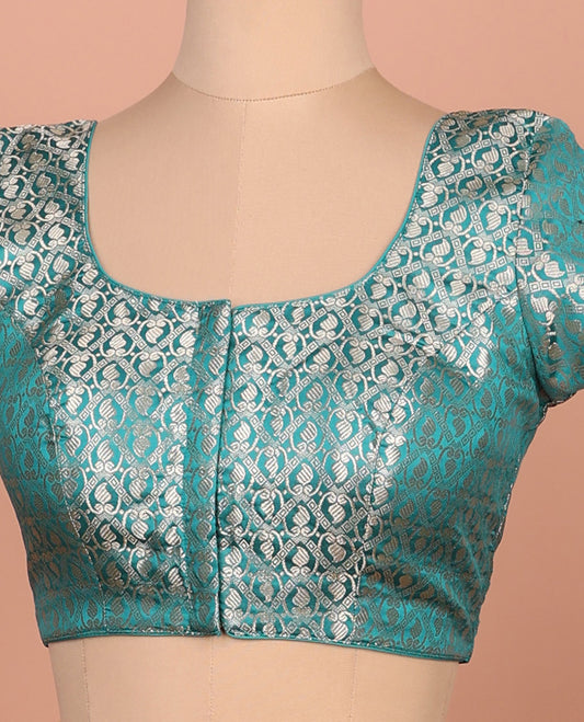 Peacock blue paisleys-theme jacquard front-back round neck elbow-sleeve readymade blouse