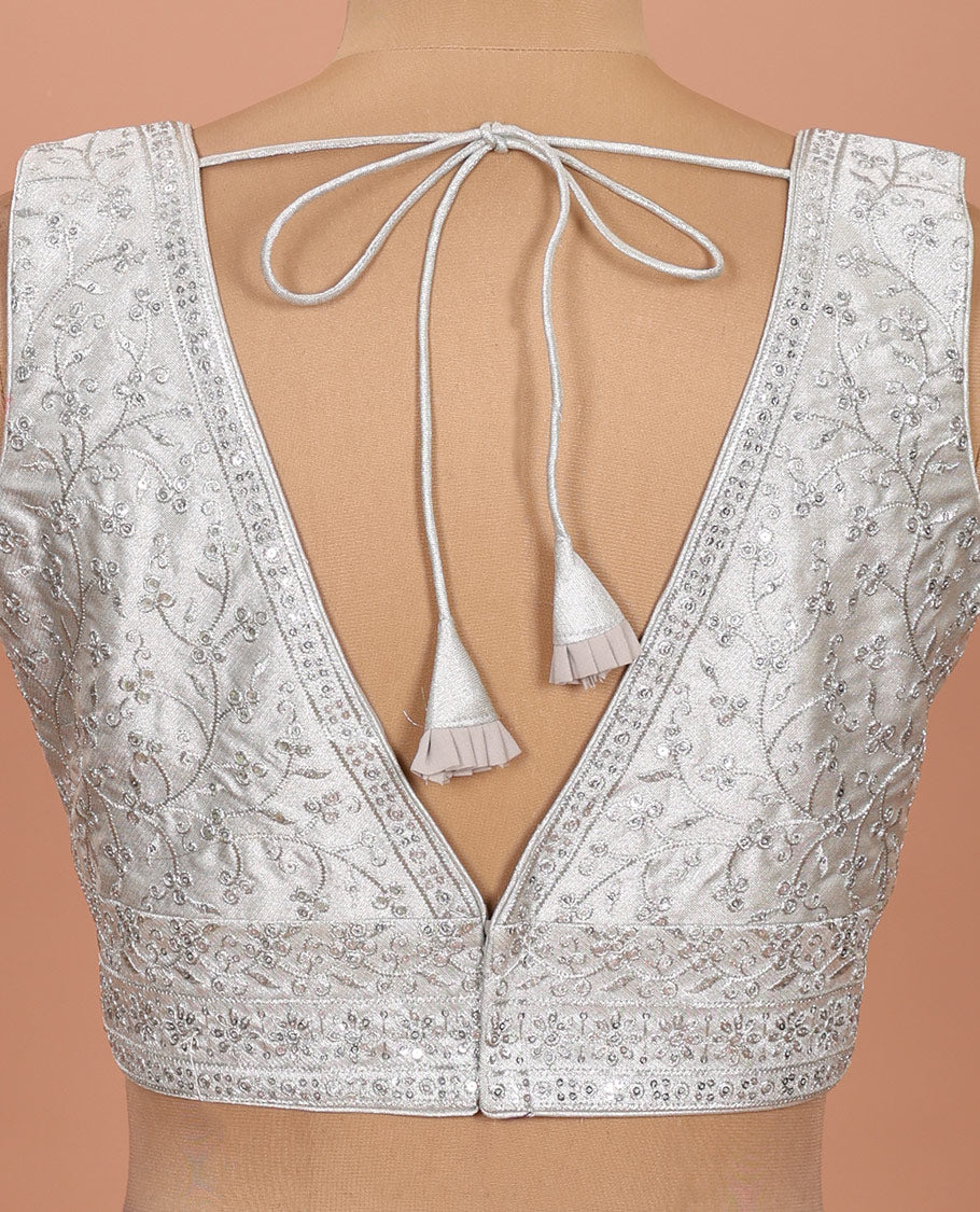 Silver floral embroidered front sweet heart-neck sleeveless readymade blouse