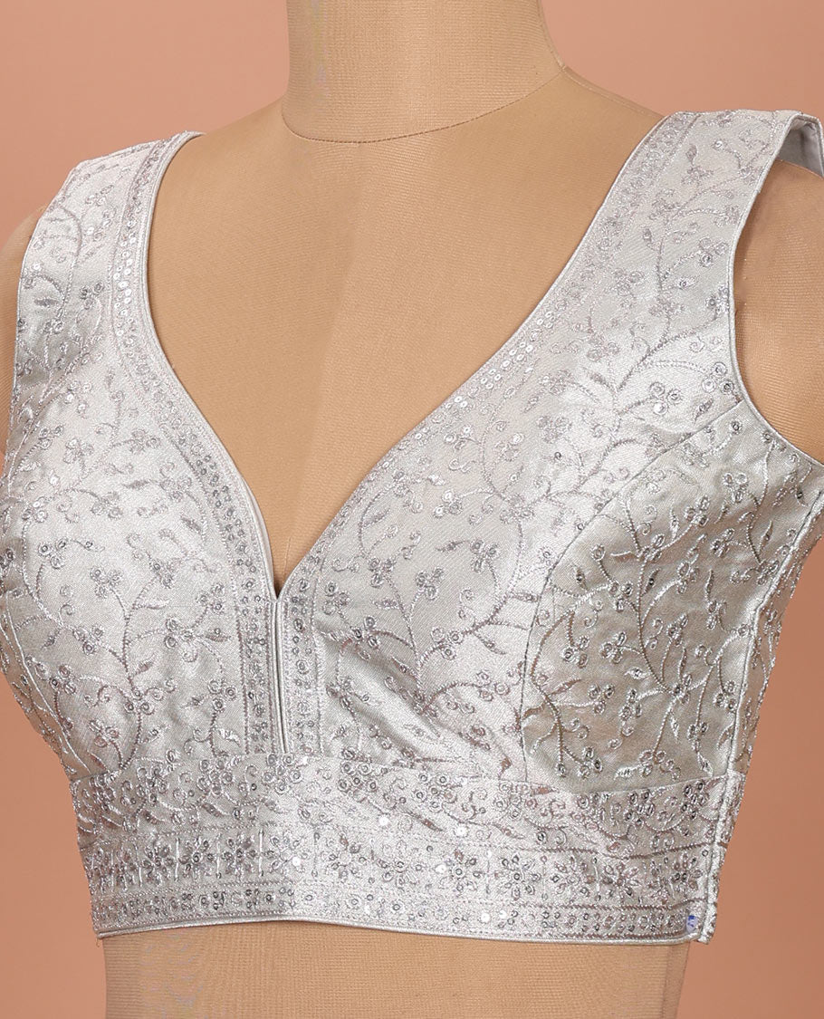 Silver floral embroidered front sweet heart-neck sleeveless readymade blouse