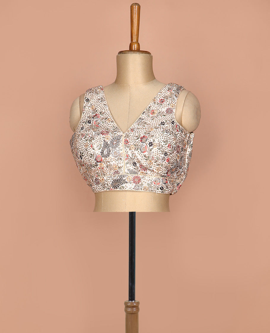 Cream floral sequins embroidered V-neck sleeveless raw silk readymade blouse