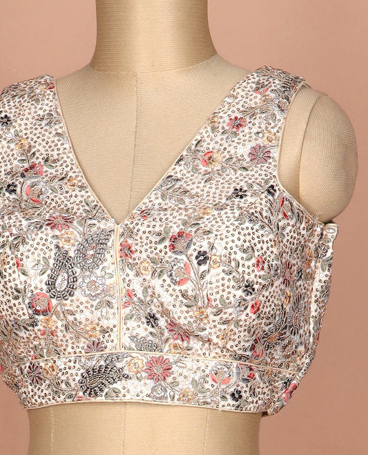 Cream floral sequins embroidered V-neck sleeveless raw silk readymade blouse