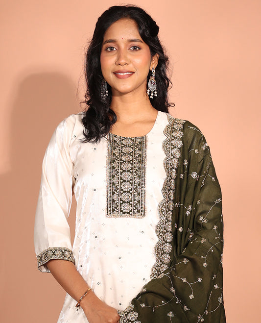 Cream Glass Embroidered Readymade Suit