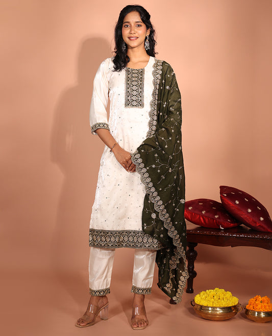 Cream Glass Embroidered Readymade Suit