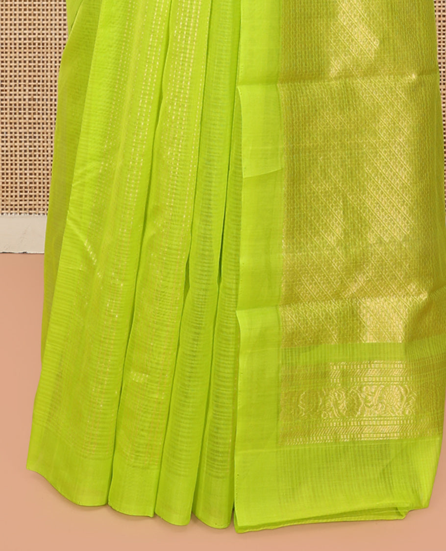 Borderless Parrot Green Silk Cotton Saree, Decorated with Zari Buttas and Stripes, Grand Pallu, and a Matching Blouse