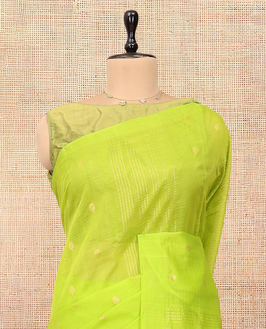 Borderless Parrot Green Silk Cotton Saree, Decorated with Zari Buttas and Stripes, Grand Pallu, and a Matching Blouse