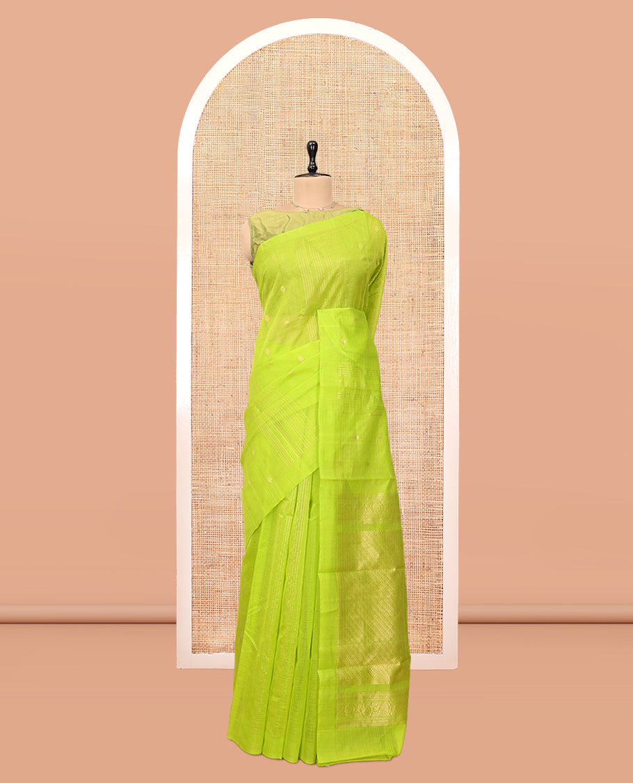 Borderless Parrot Green Silk Cotton Saree, Decorated with Zari Buttas and Stripes, Grand Pallu, and a Matching Blouse