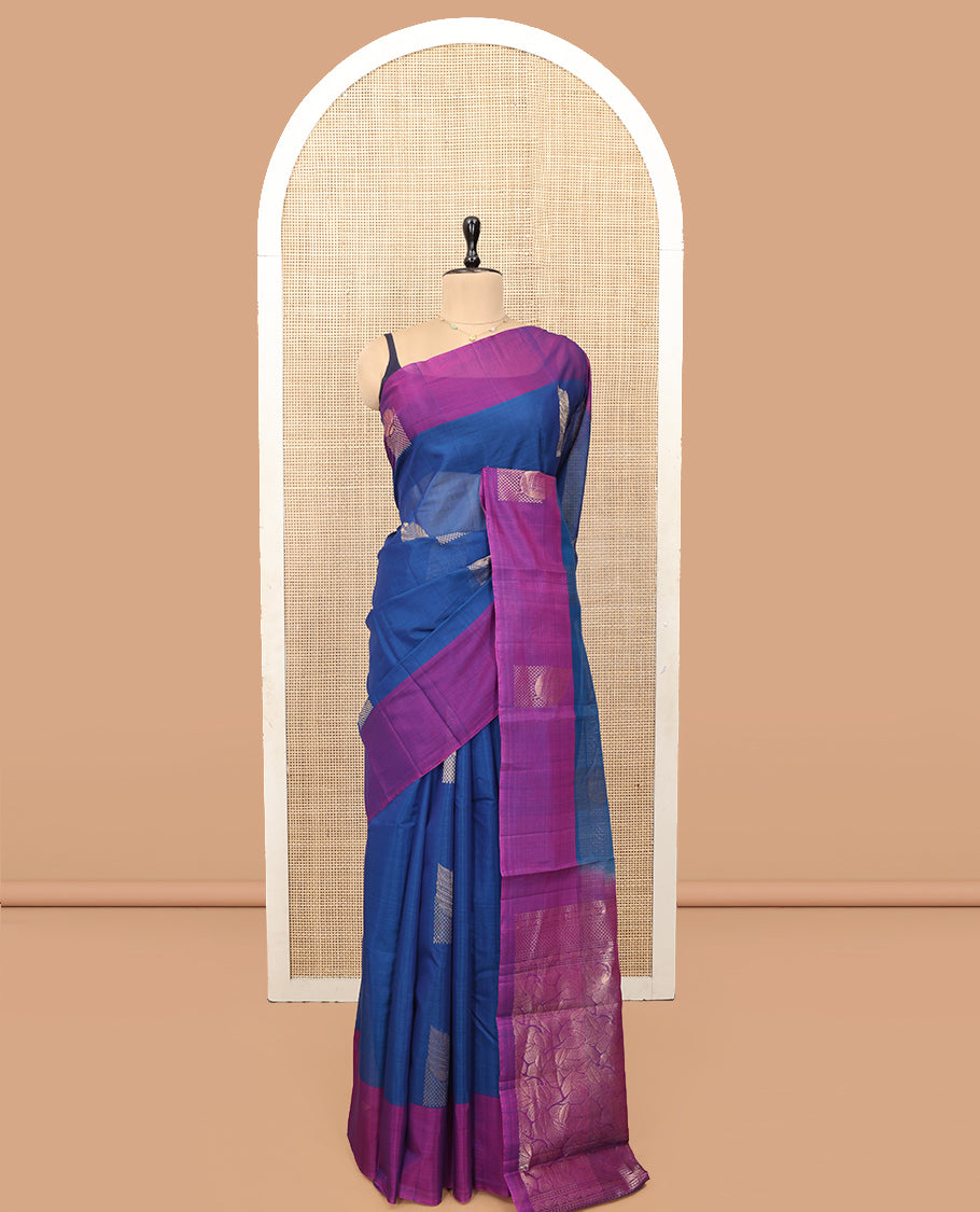 Blue Silk Cotton Saree, Accentuated with Zari Buttas, a Contrast Zari Border, Intricate Pallu, and a Contrast Blouse