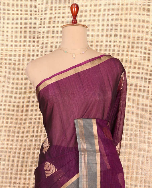 Purple Silk Cotton Saree, Accentuated with Zari Buttas All Over Its Body, Complemented by a Contrast Zari Striped Border, Pallu Features Floral Designs, and Paired with a Contrast Blouse