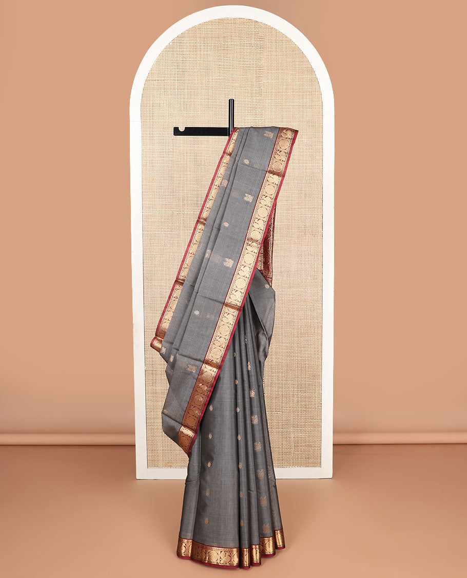 Grey floral motifs silk cotton saree with contrast intricate zari design border & floral design pallu