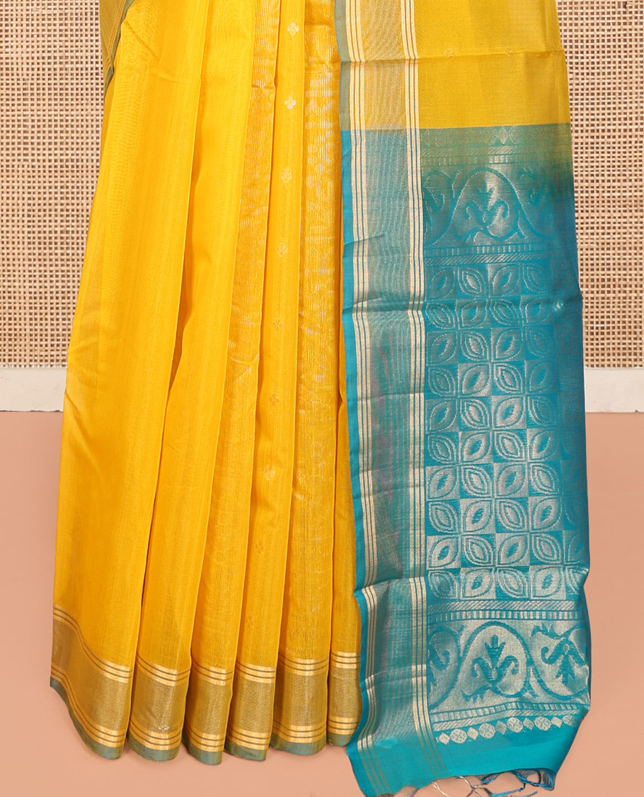 Yellow Silk Cotton Saree, Subtly Sparkled with Zari Weave, a Subtle Border, Complemented by Contrast Zari Design Pallu and a Contrast Blouse