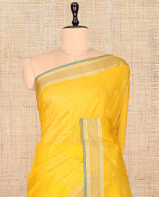 Yellow Silk Cotton Saree, Subtly Sparkled with Zari Weave, a Subtle Border, Complemented by Contrast Zari Design Pallu and a Contrast Blouse