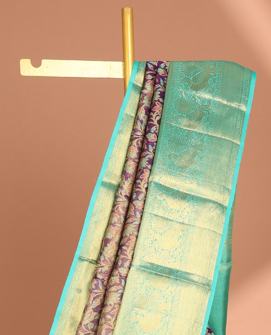violet floral jacquard samudrika silk saree with contrast zari design border & intricate zari design pallu