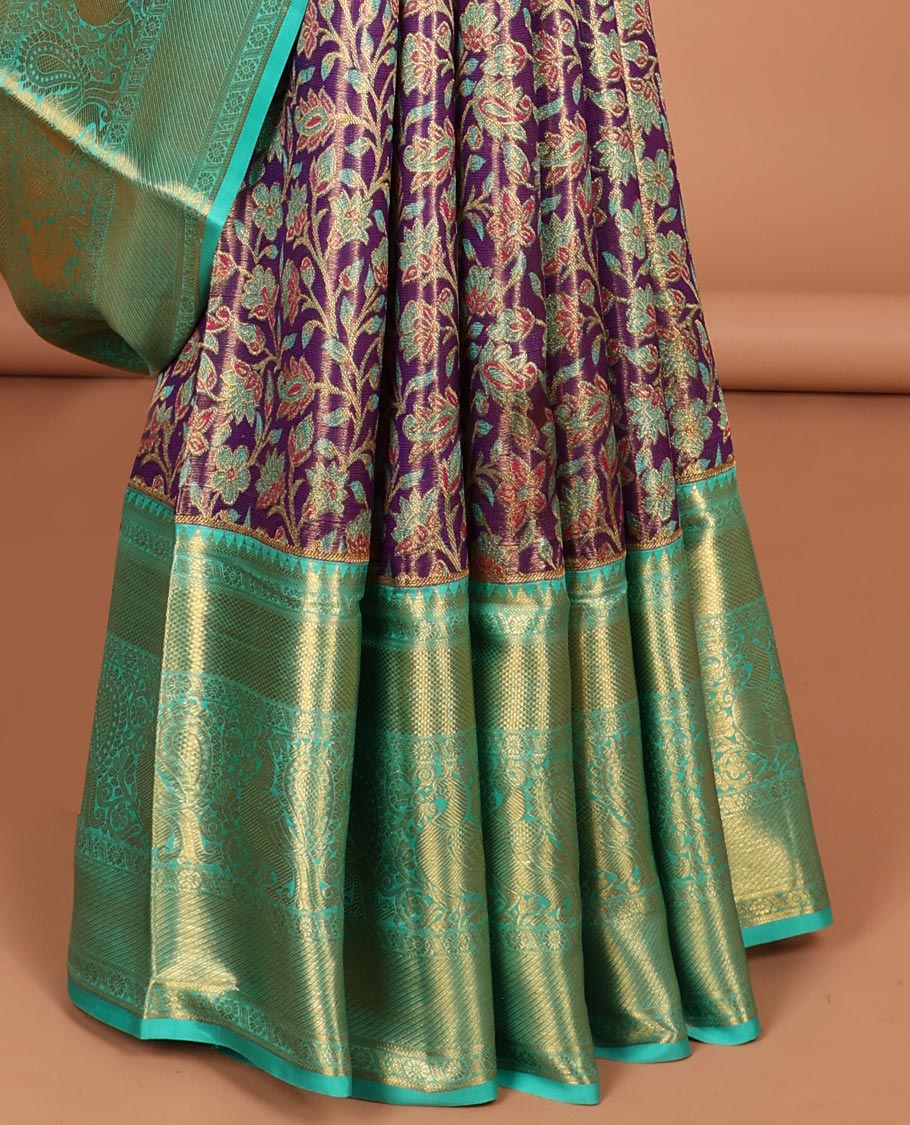 violet floral jacquard samudrika silk saree with contrast zari design border & intricate zari design pallu