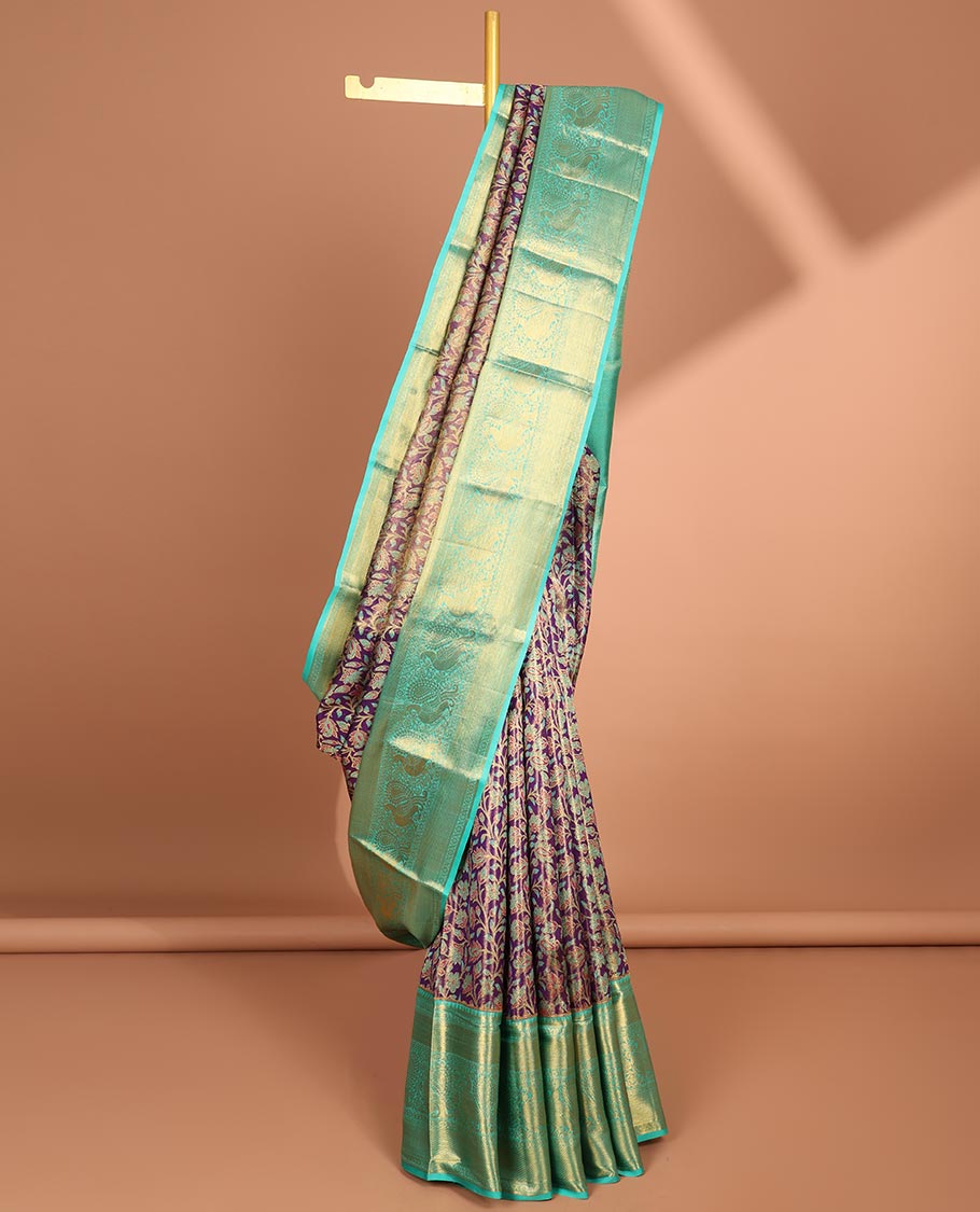 violet floral jacquard samudrika silk saree with contrast zari design border & intricate zari design pallu