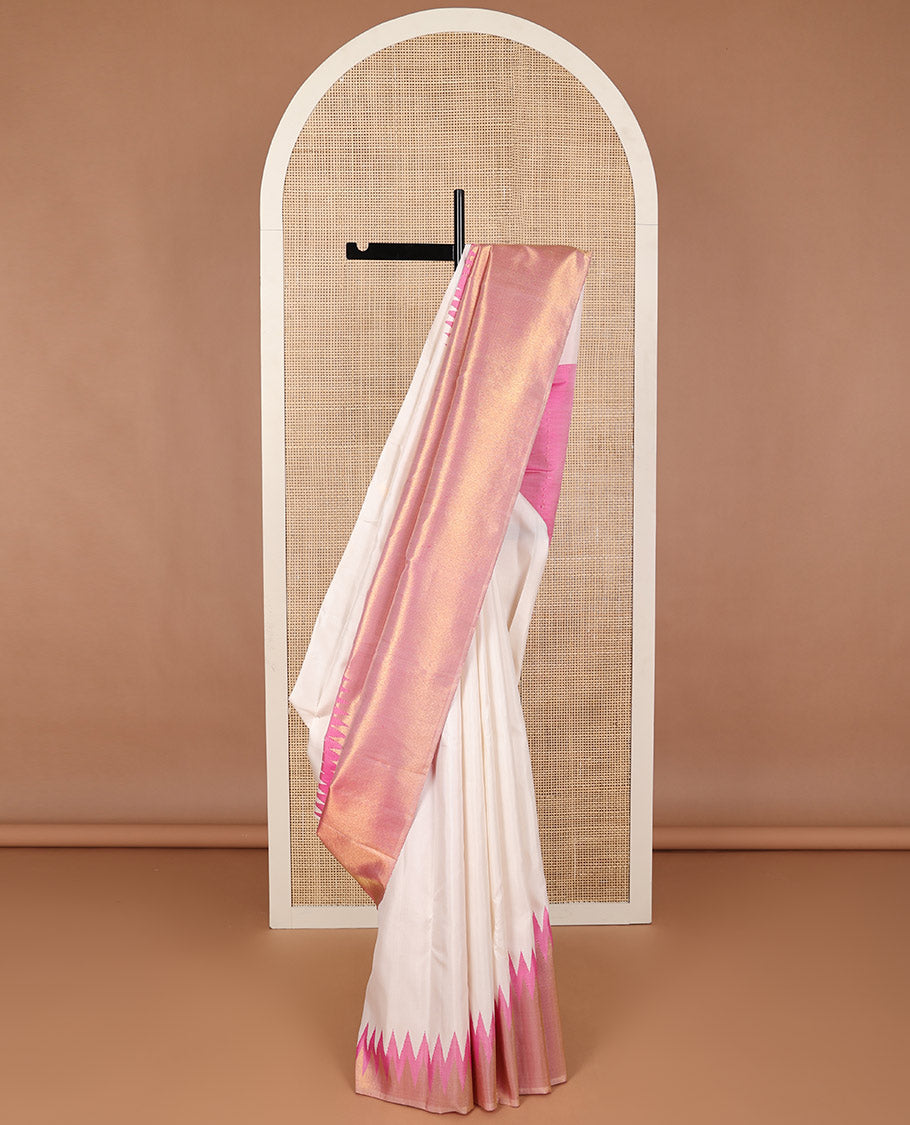 Borderless cream with pink silk saree with bhavanji pallu
