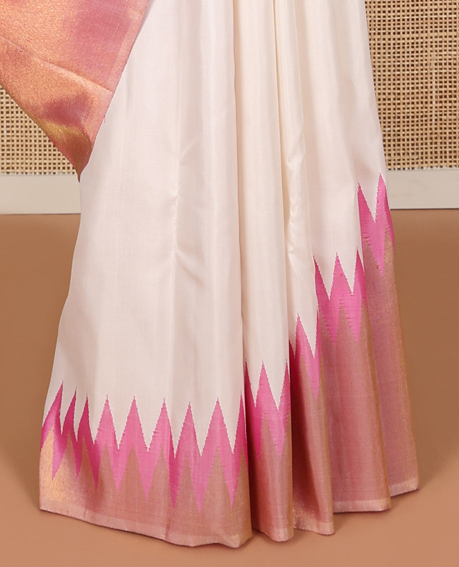Borderless cream with pink silk saree with bhavanji pallu