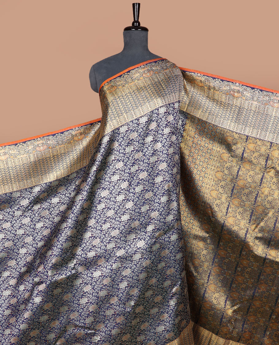 Blue floral jaal meenakari jacquard silk saree,rekku border of kodi visiry, yaanai & mayil & pallu steeped with yaanai & mayil on the palanquin motifs
