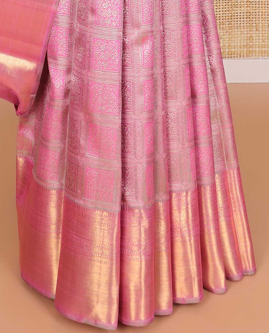 Baby pink floral design silk saree with self border of rekku, muthu, banaras design & floral design pallu
