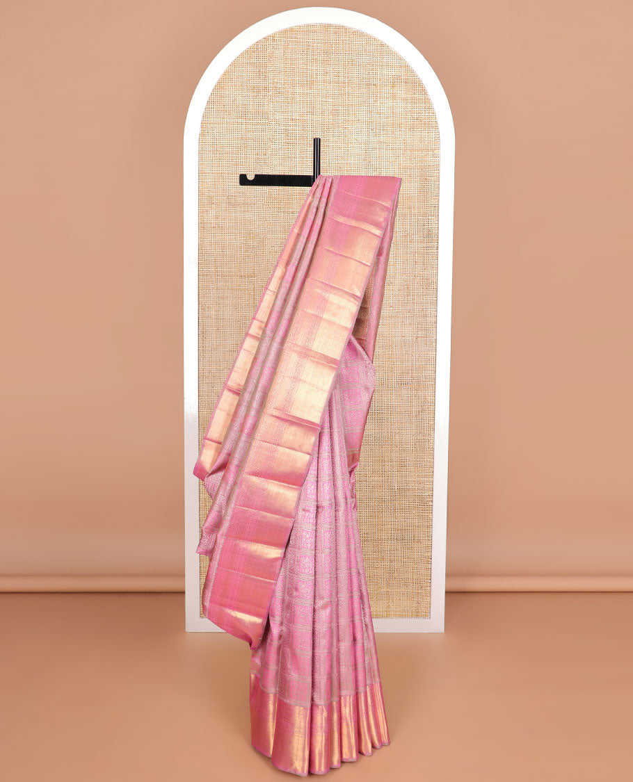 Baby pink floral design silk saree with self border of rekku, muthu, banaras design & floral design pallu