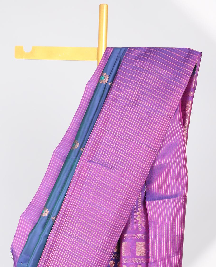 Blue leaf motifs semi-soft silk saree with contrast striped border & striped , floral motifs pallu