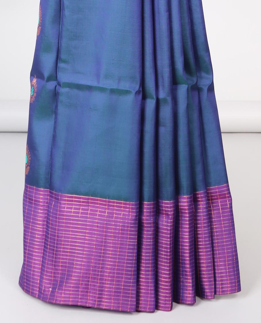 Blue leaf motifs semi-soft silk saree with contrast striped border & striped , floral motifs pallu