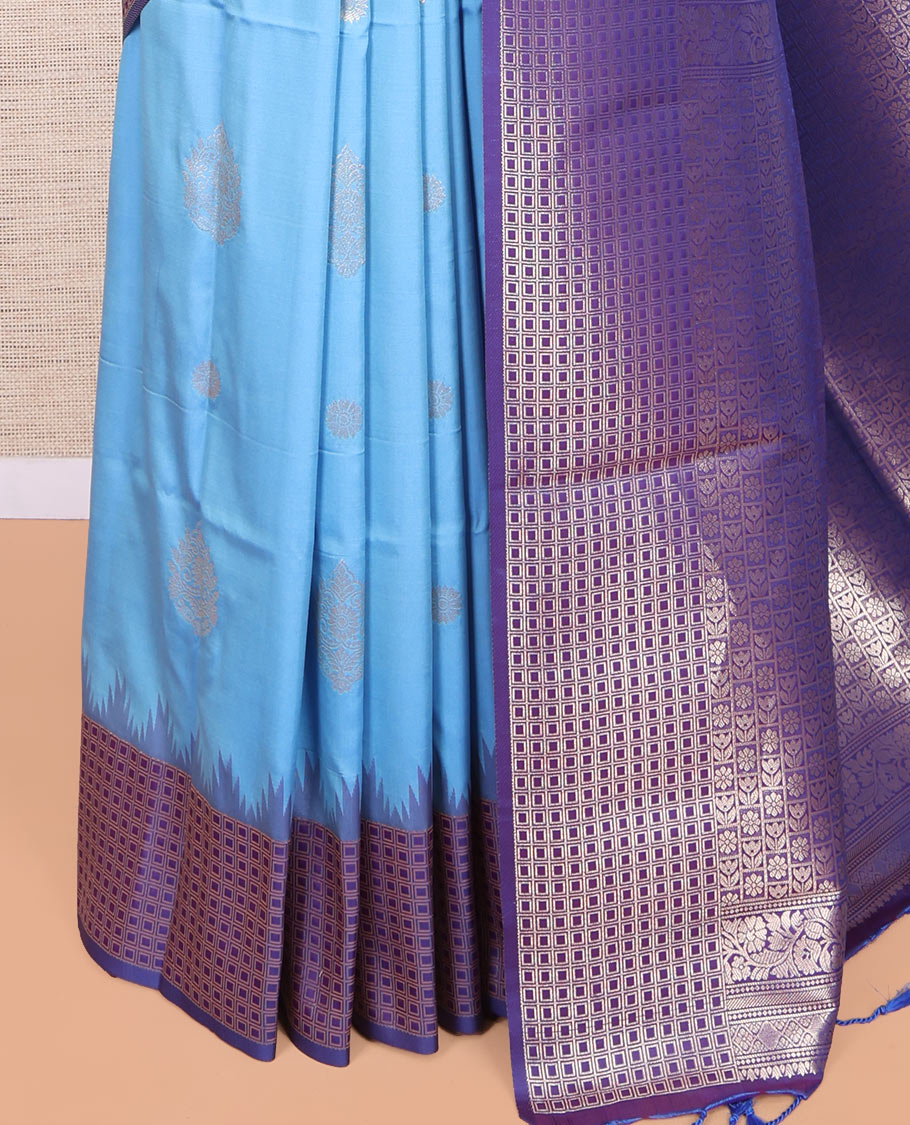 Blue Fancy Soft Silk Saree, Accentuated with Zari Buttas, Complemented by Contrast Zari Checked Temple Border, Grand Pallu, and a Contrast Blouse