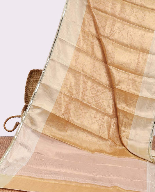 Orange  floral vine printed semi-banaras tissue silk saree with zari border & argyle design pallu