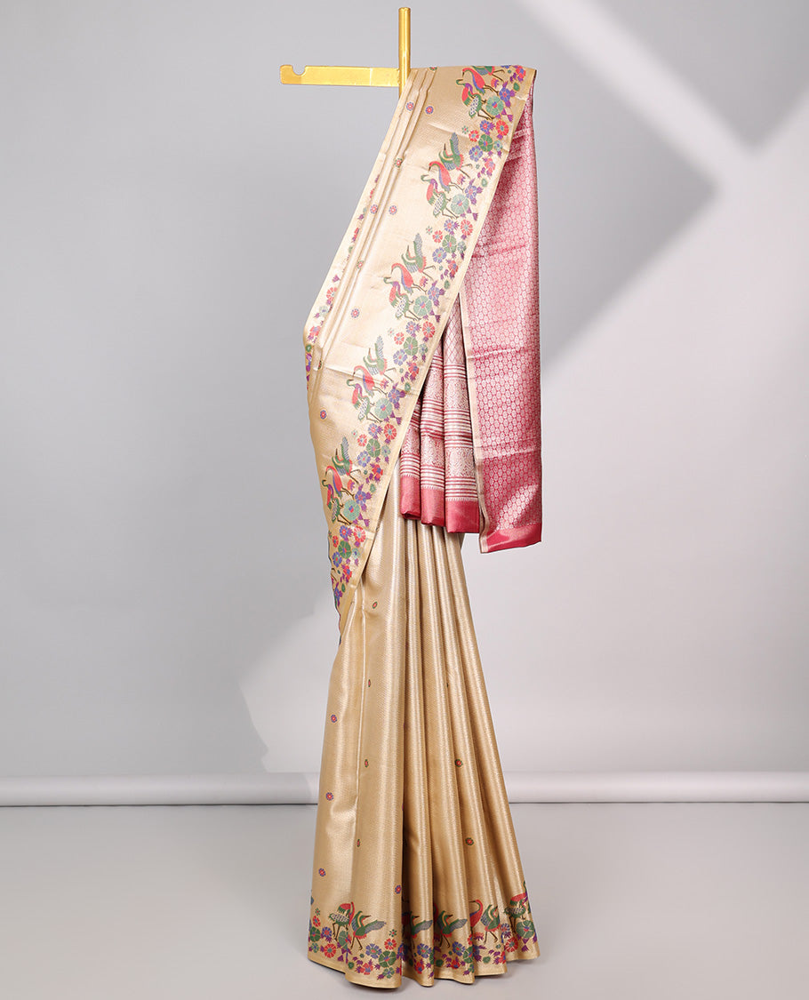 Sandal motifs semi banaras tissue saree with self swan design border & intricate zari design pallu
