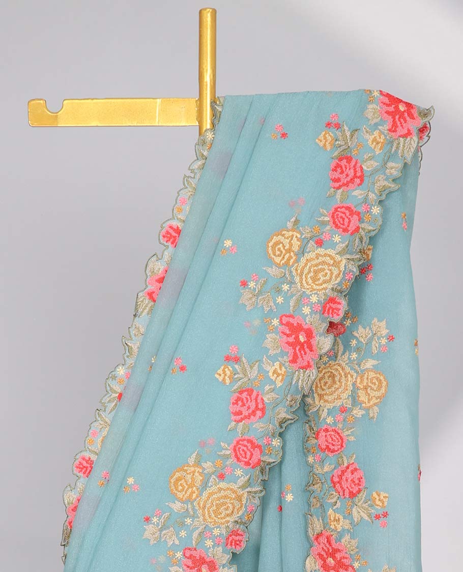 Yellow crushed tissue saree with scallop floral border & motif embroidery pallu