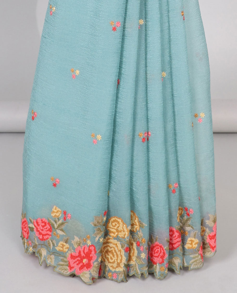 Yellow crushed tissue saree with scallop floral border & motif embroidery pallu