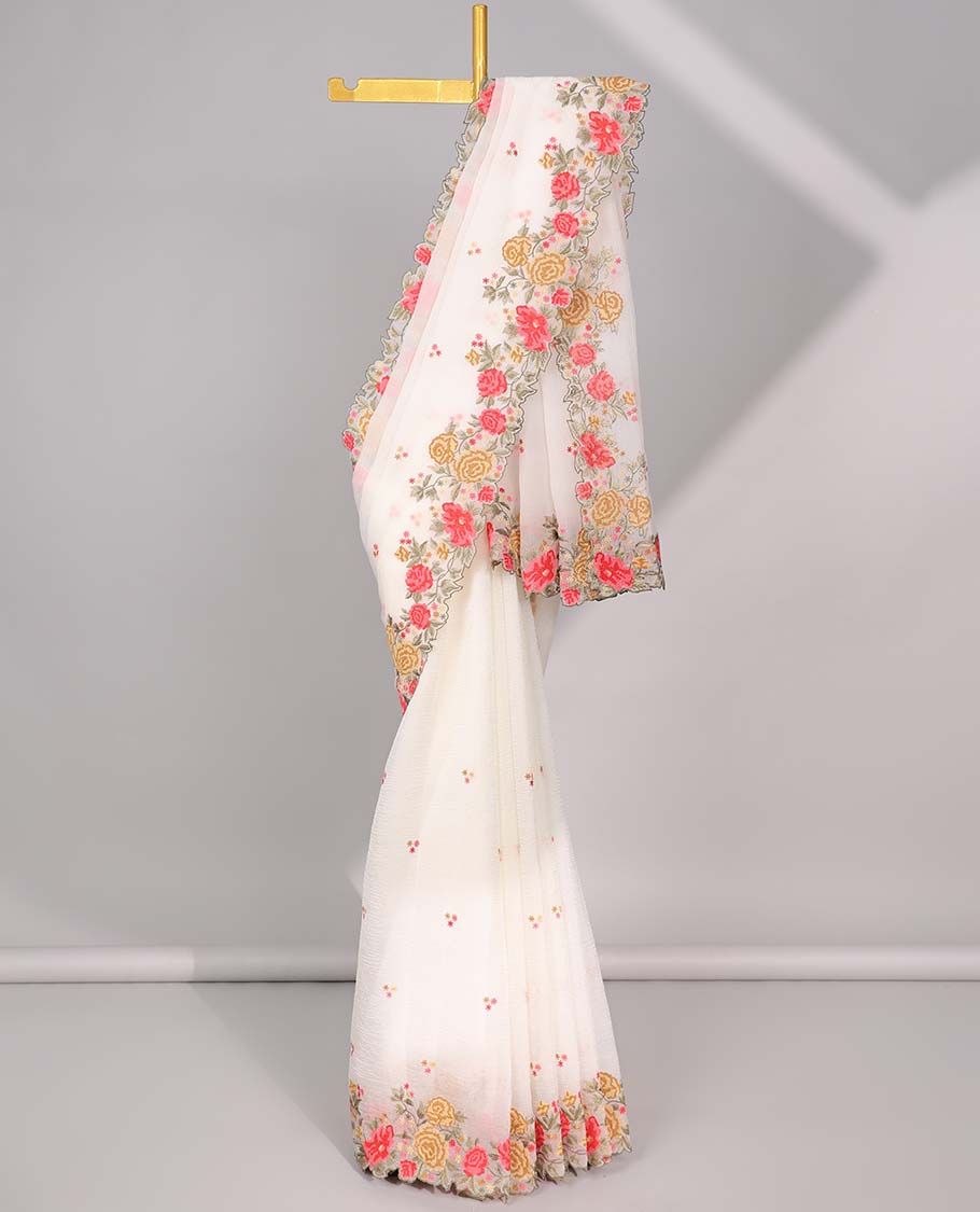 White crushed tissue saree with all over floral motifs & floral scallop border