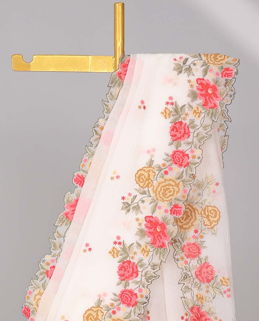 White crushed tissue saree with all over floral motifs & floral scallop border