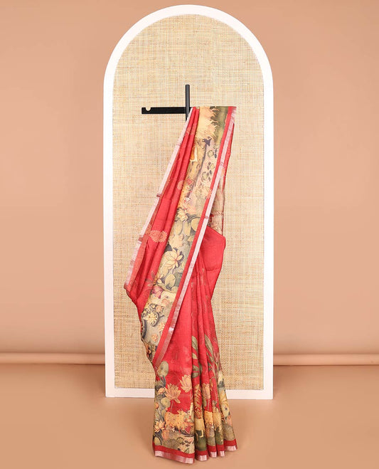 Red paisley motifs, pichwai style design tussar saree with self zari border & pichwai printed design pallu