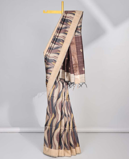 Brown wave design tussar silk saree with self-border & striped pallu