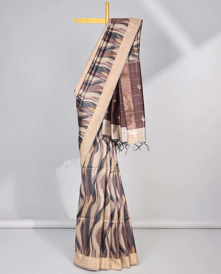 Brown wave design tussar silk saree with self-border & striped pallu