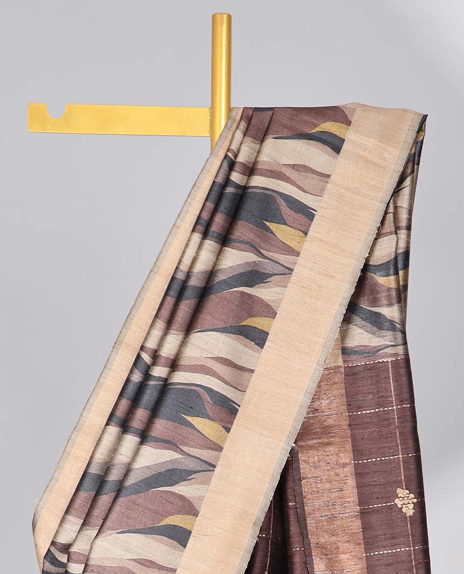 Brown wave design tussar silk saree with self-border & striped pallu
