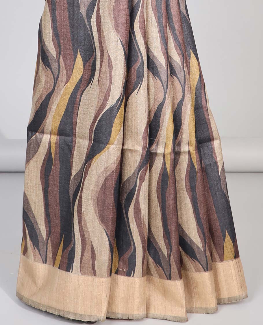 Brown wave design tussar silk saree with self-border & striped pallu