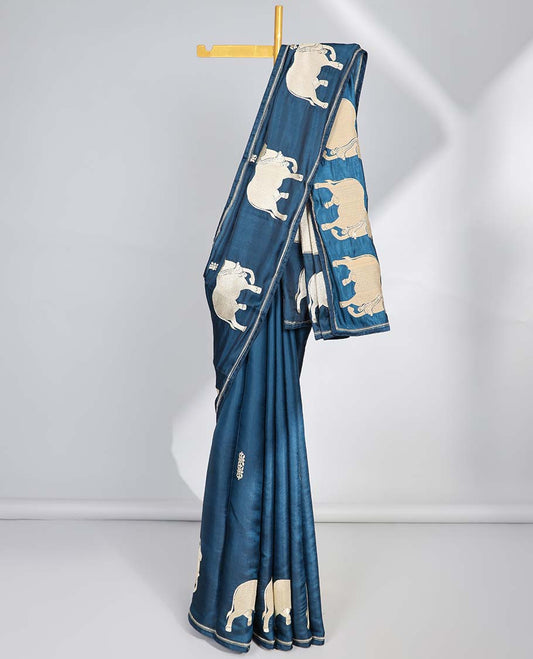 Blue floral motifs semi-banaras tussar saree with self pichwai border & zari design pallu