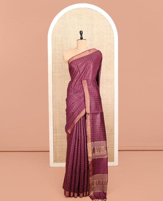Wine Tussar Silk Saree, Detailed with Checks, a Subtle Border, Pallu Steeped with Stripes, and a Contrast Printed Blouse