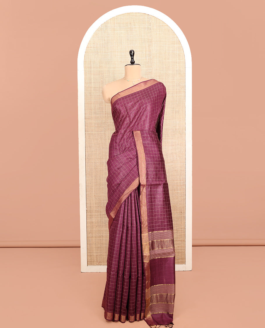 Wine Tussar Silk Saree, Detailed with Checks, a Subtle Border, Pallu Steeped with Stripes, and a Contrast Printed Blouse